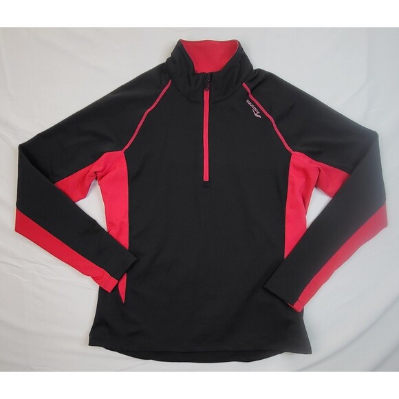 SAUCONY Top Womens L 1/2 Zip Running Baselayer Performance Thumbholes Black/Red - Picture 1 of 9
